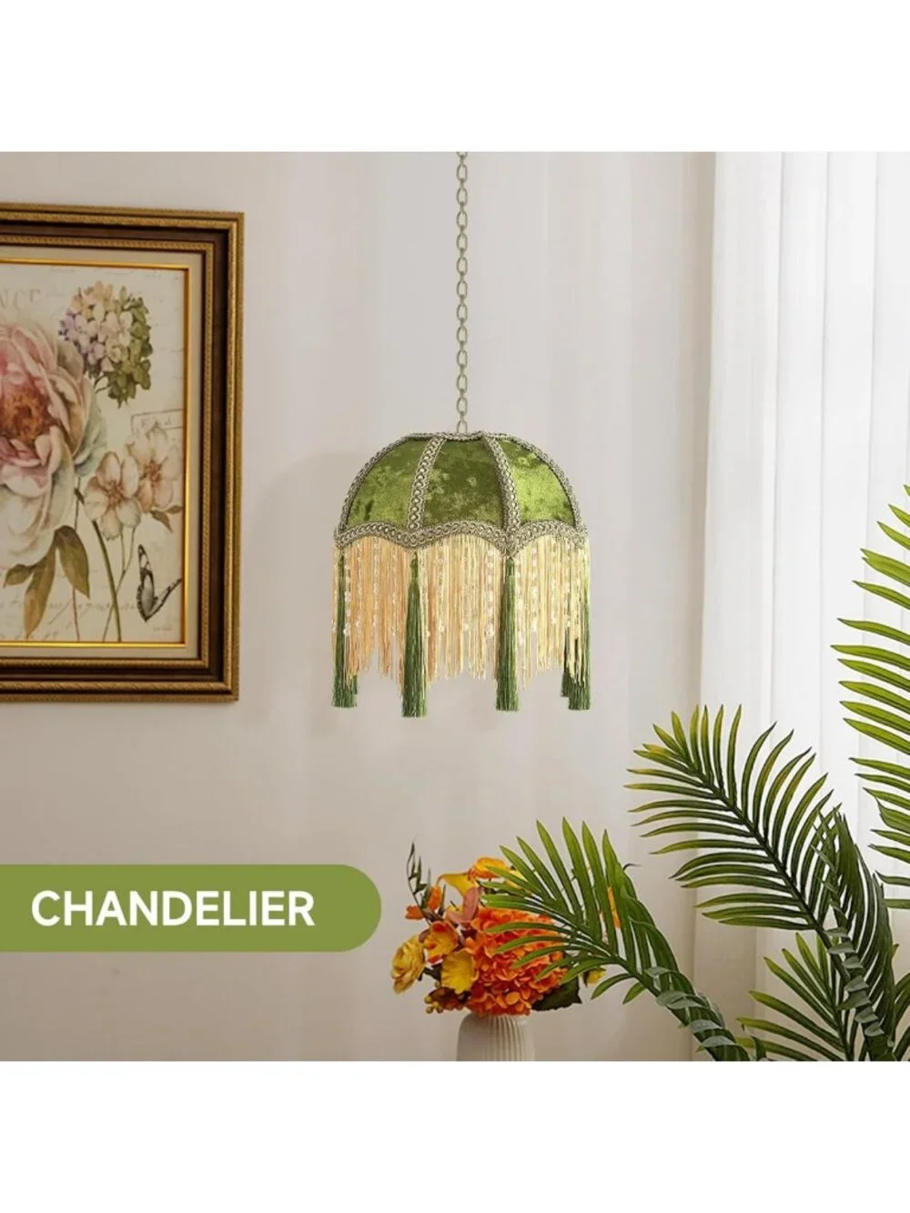 Victorian Style Bell Lampshade with Tassels, Velvet Top, Olive Green, 9.8” Width